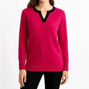 Bellario New York Sweater Hot Pink Black Trim 100% Cashmere Long Sleeve Size M